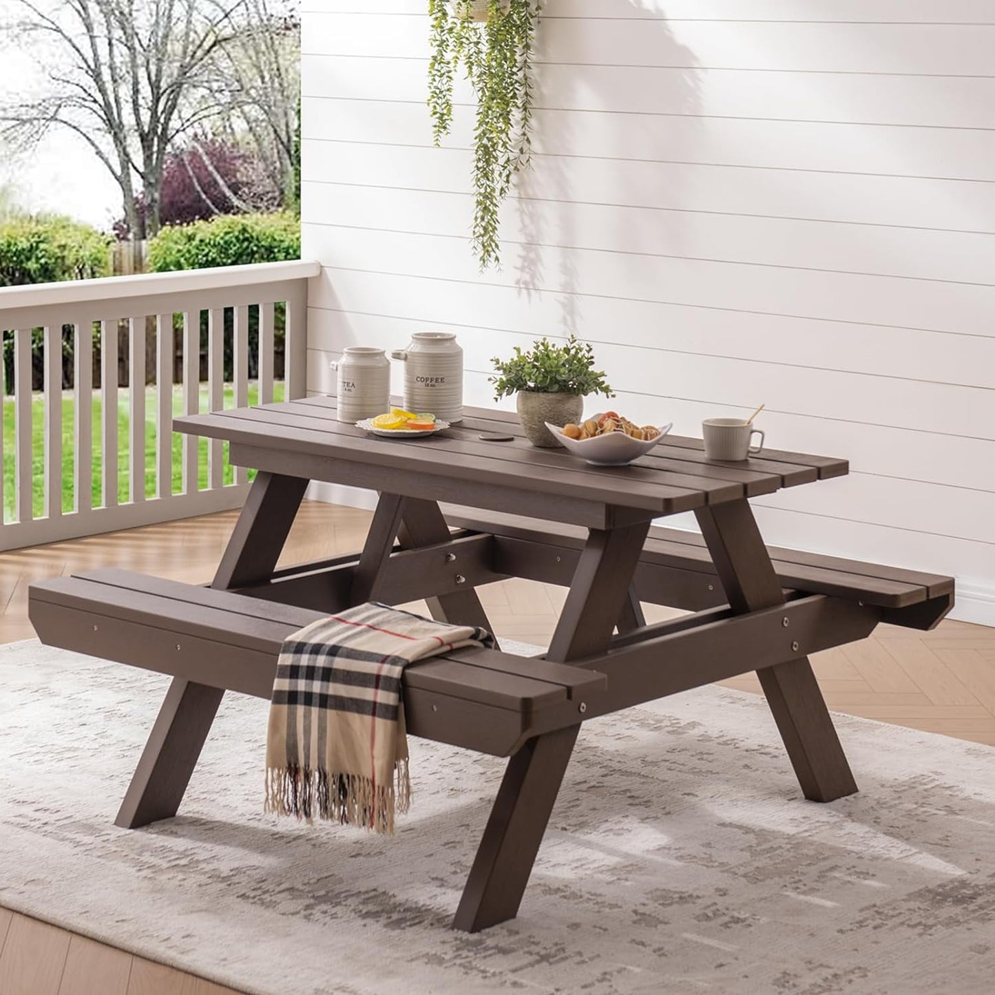 Psilvam All-in-One Outdoor Table and Chairs Teak Color
