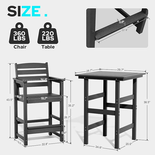 kaleemen 3 Piece Patio Bar Set, All Weather HDPE Tall Adirondack Chairs Set of 2 and Bar Table