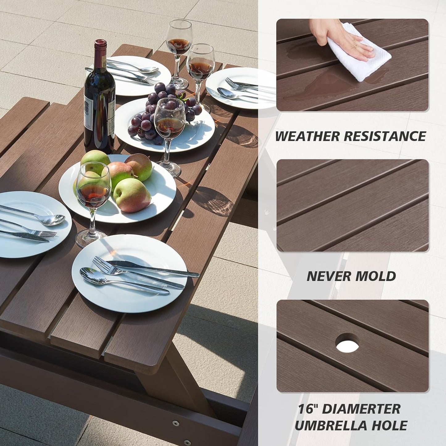 Psilvam All-in-One Outdoor Table and Chairs Teak Color