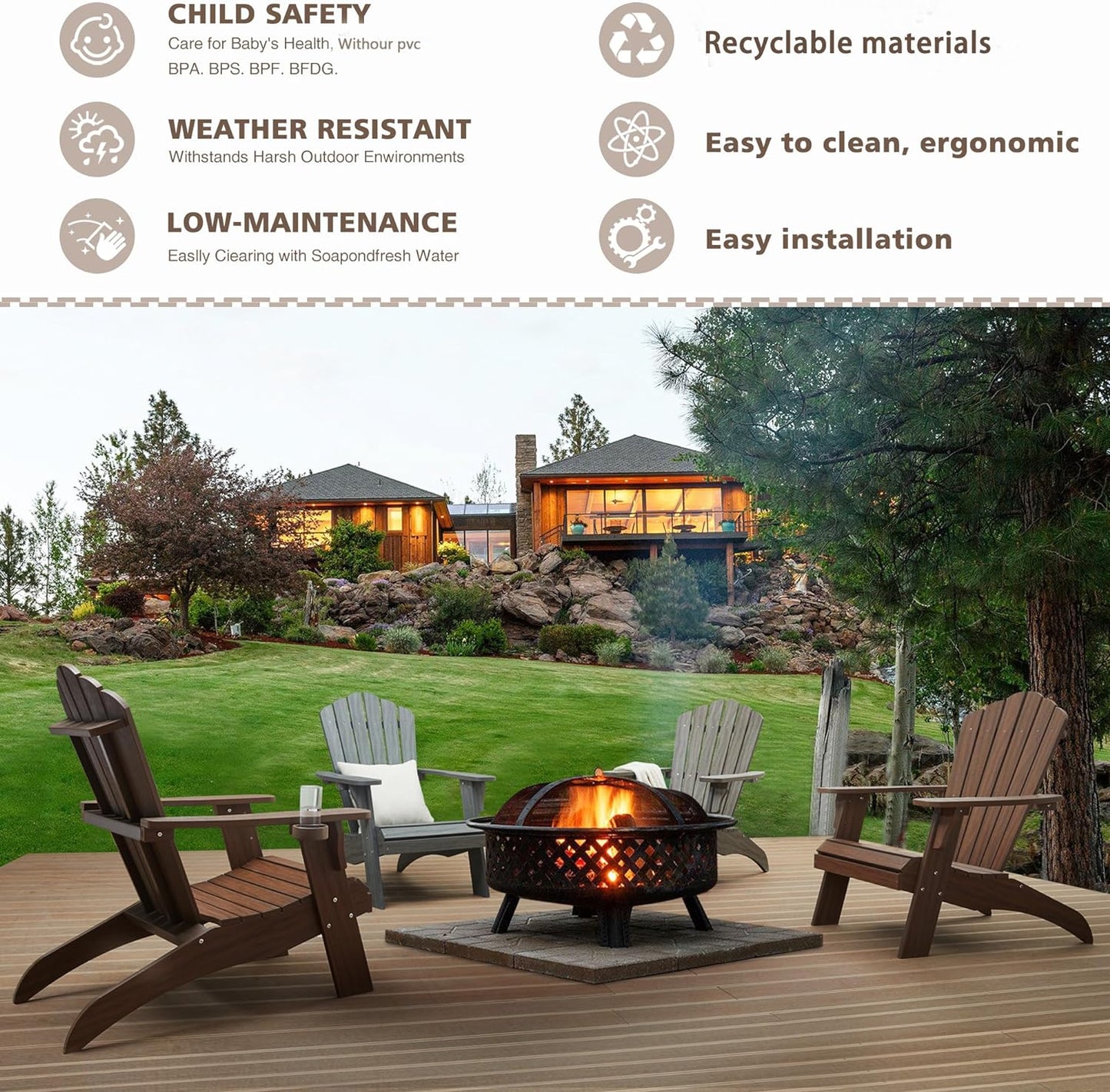 Psilvam Adirondack Chair, Oversized Poly Lumber Fire Pit Chair with Cup Holder, 350Lbs Support Patio Chairs for Garden, Weather Resistant Outdoors Seating, Relaxing Gift for Father & Mother