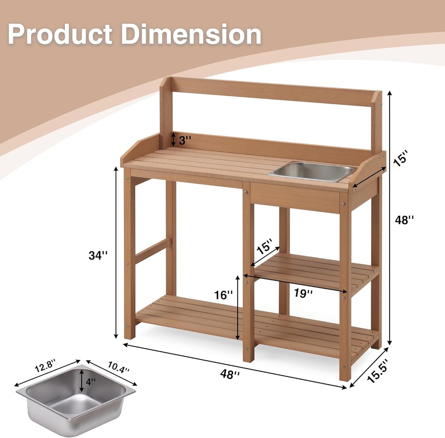 Psilvam Potting Bench, Poly Lumber Potting Table with Removable Stainless Steel Sink and Open Shelves