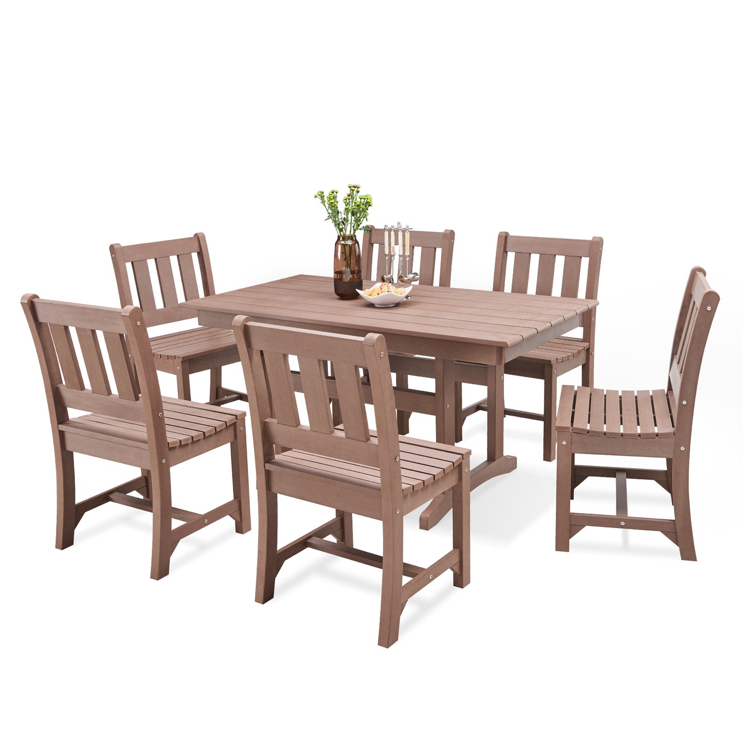 Psilvam 7-Piece Patio Dining Sets, Poly Lumber Outdoor Dining Set for 6, Weather Resistant Patio Table and Chairs Set That Never Rust, Suitable for Garden (1 Dining Table + 6 Patio Chairs, Brown)