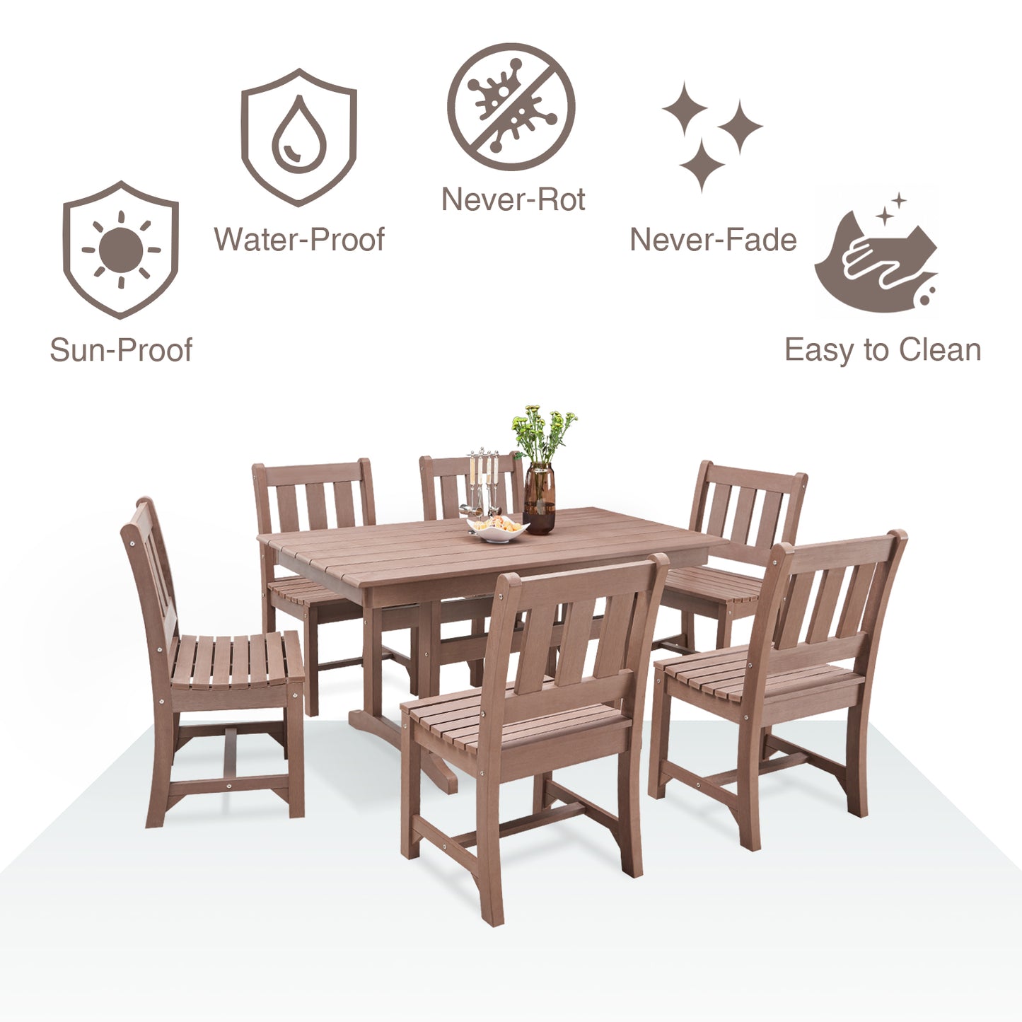 Psilvam 7-Piece Patio Dining Sets, Poly Lumber Outdoor Dining Set for 6, Weather Resistant Patio Table and Chairs Set That Never Rust, Suitable for Garden (1 Dining Table + 6 Patio Chairs, Brown)