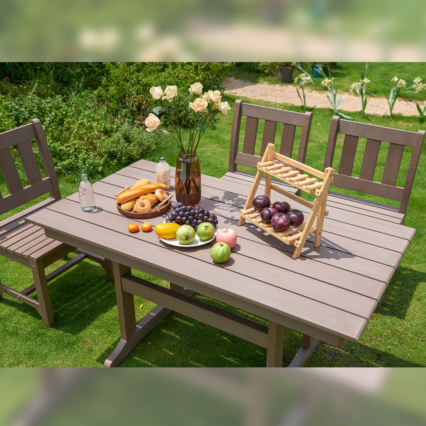 Psilvam 7-Piece Patio Dining Sets, Poly Lumber Outdoor Dining Set for 6, Weather Resistant Patio Table and Chairs Set That Never Rust, Suitable for Garden (1 Dining Table + 6 Patio Chairs, Brown)