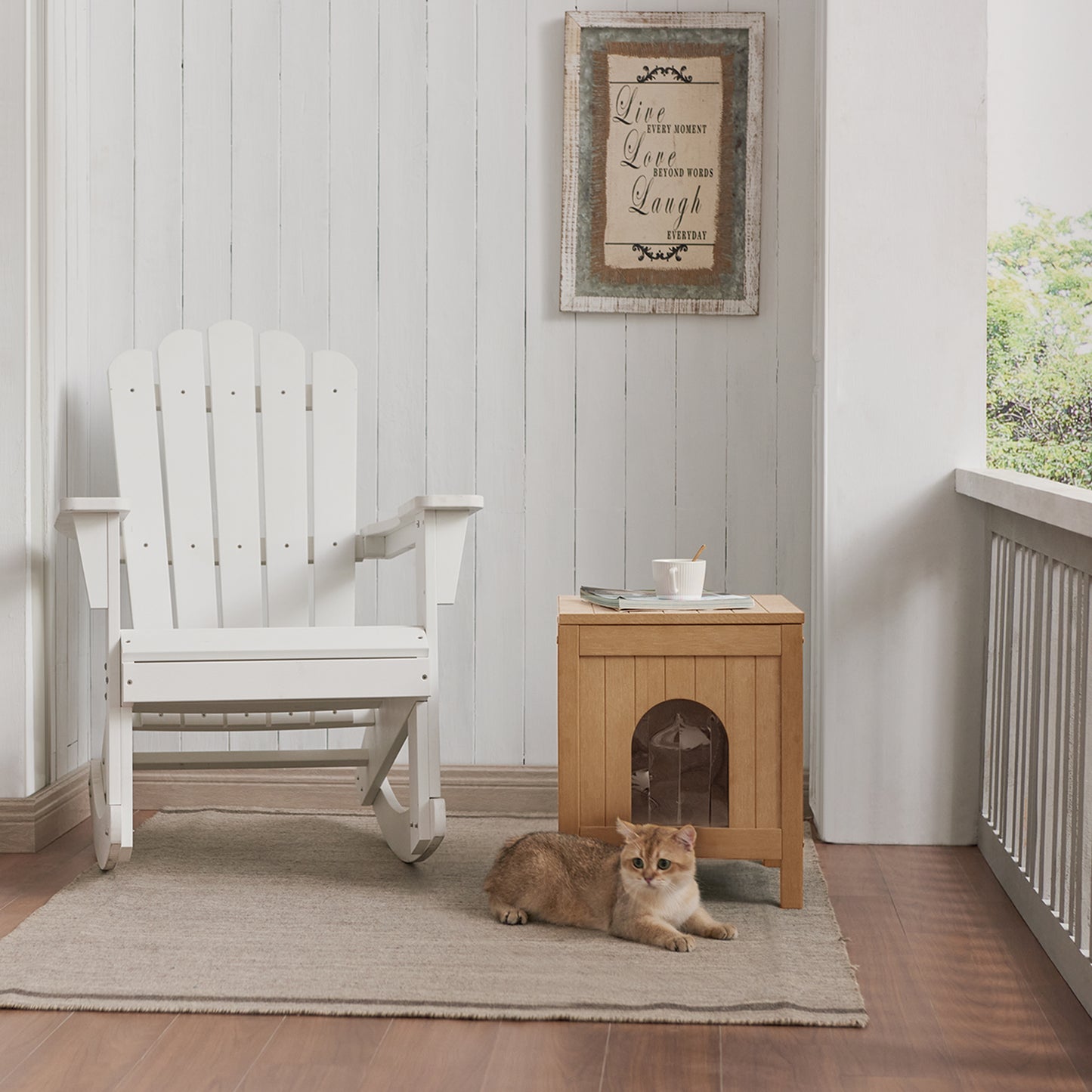 Psilvam Cat House with Side Table Function, Weatherproof Poly Lumber Outdoor Cat Shelter