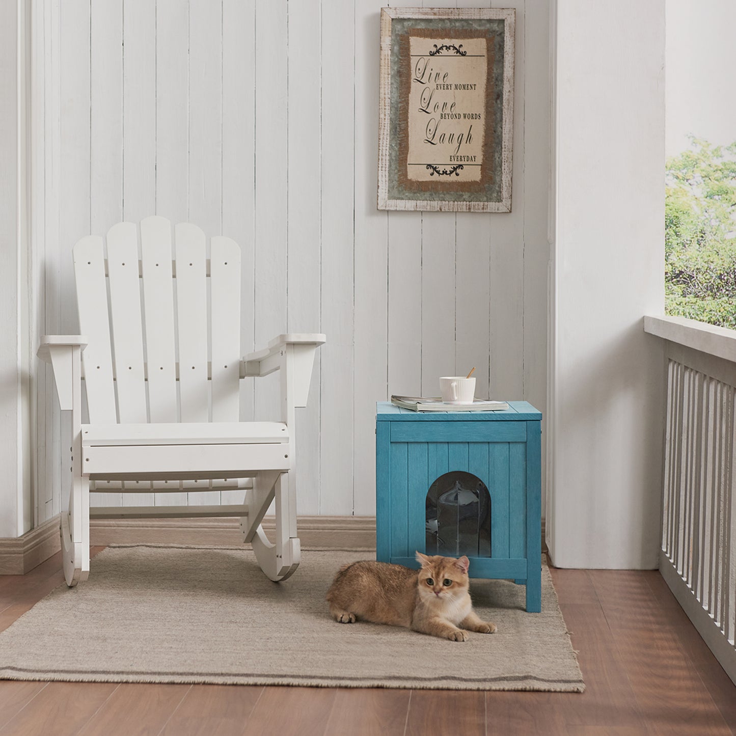 Psilvam Cat House with Side Table Function, Weatherproof Poly Lumber Outdoor Cat Shelter