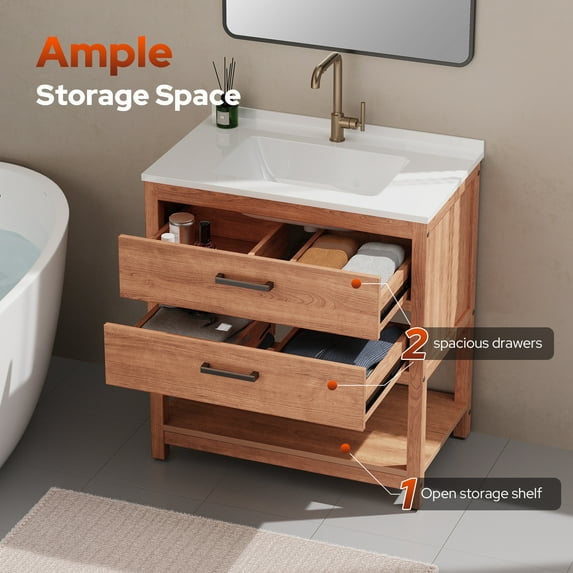 Psilvam 30“ Bathroom Vanity with Sink, Waterproof Poly Lumber Storage Cabinet with Drawers and Open Shelf, Adjustable Legs,