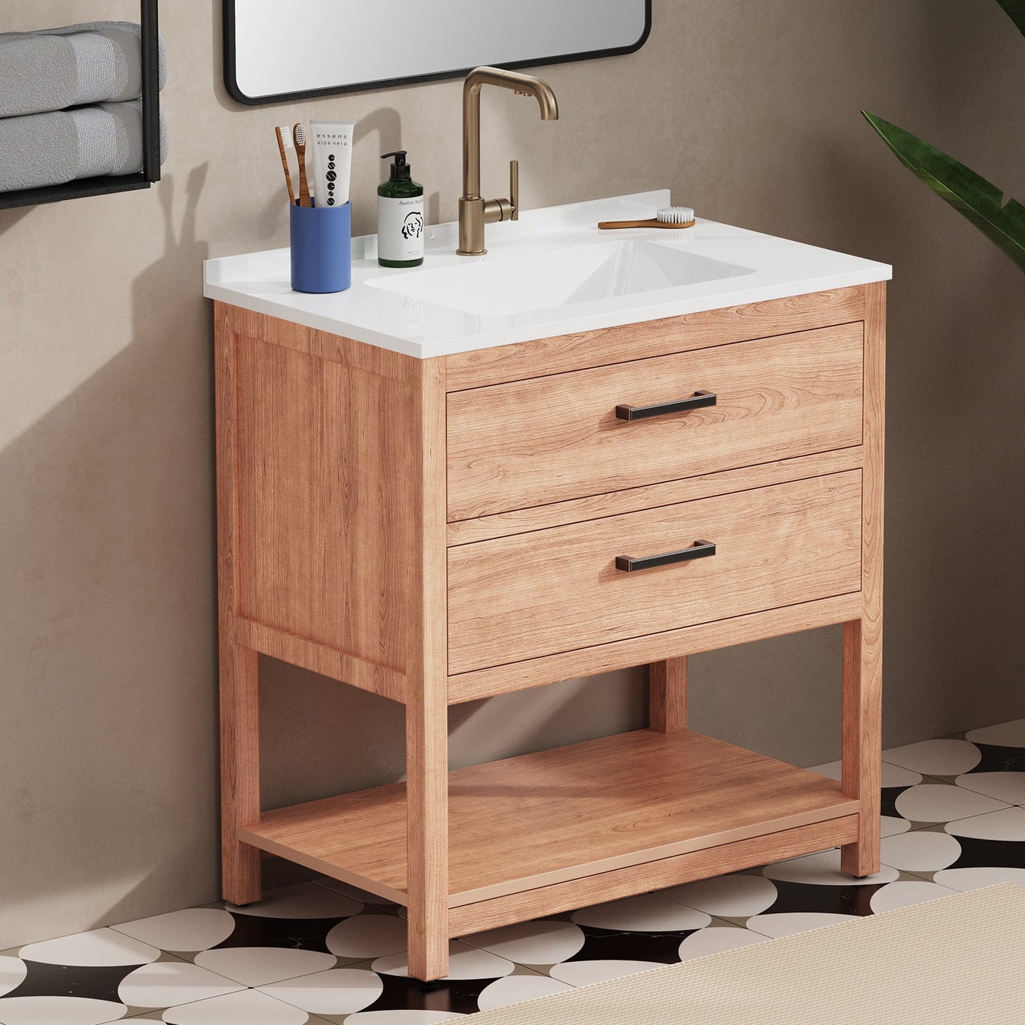 Psilvam 30“ Bathroom Vanity with Sink, Waterproof Poly Lumber Storage Cabinet with Drawers and Open Shelf, Adjustable Legs,