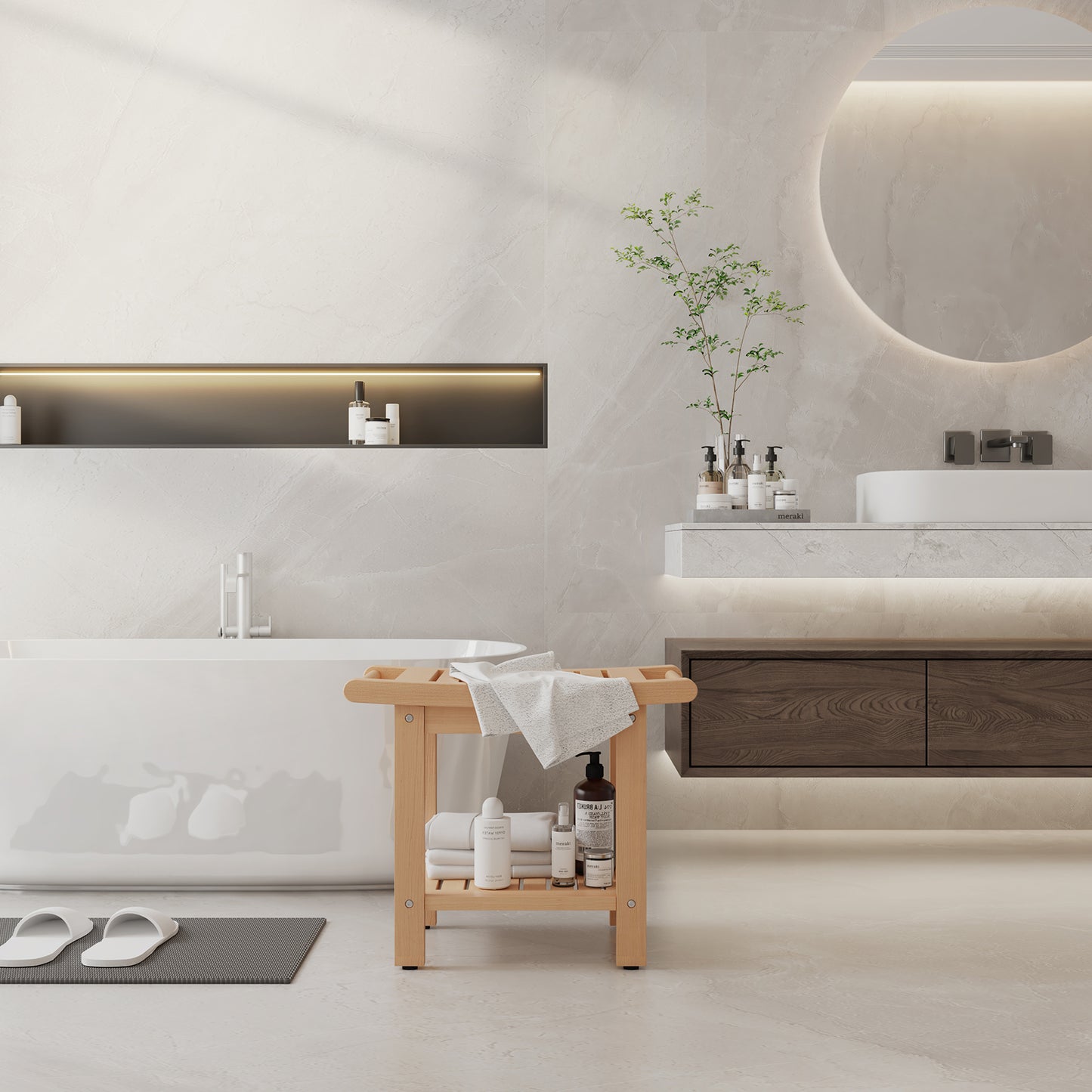 Kaleemen Shower Bench for Inside Shower with Handles, Waterproof Shower Stool with Storage Shelf & Anti-Slip Feet