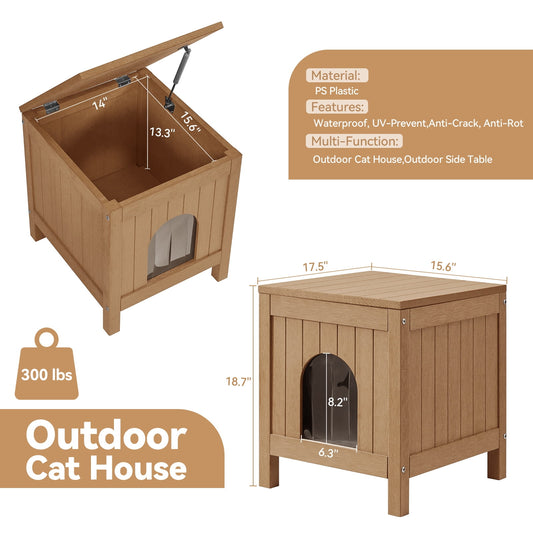 Psilvam Cat House with Side Table Function, Weatherproof Poly Lumber Outdoor Cat Shelter