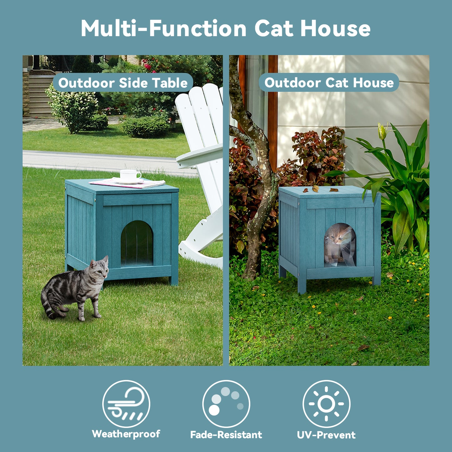 Psilvam Cat House with Side Table Function, Weatherproof Poly Lumber Outdoor Cat Shelter