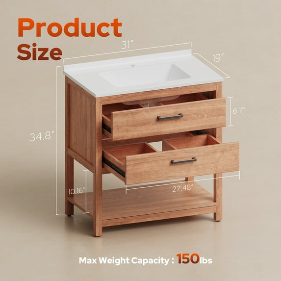 Psilvam 30“ Bathroom Vanity with Sink, Waterproof Poly Lumber Storage Cabinet with Drawers and Open Shelf, Adjustable Legs,