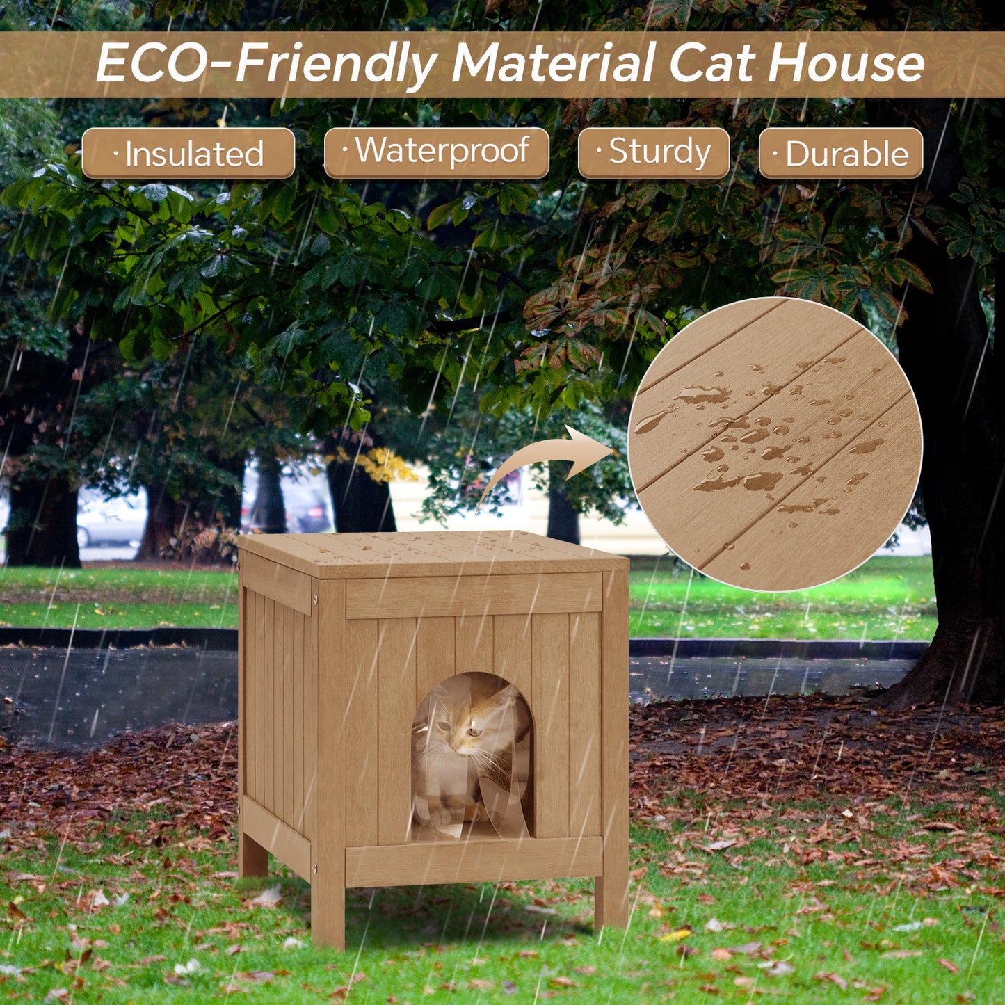 Psilvam Cat House with Side Table Function, Weatherproof Poly Lumber Outdoor Cat Shelter