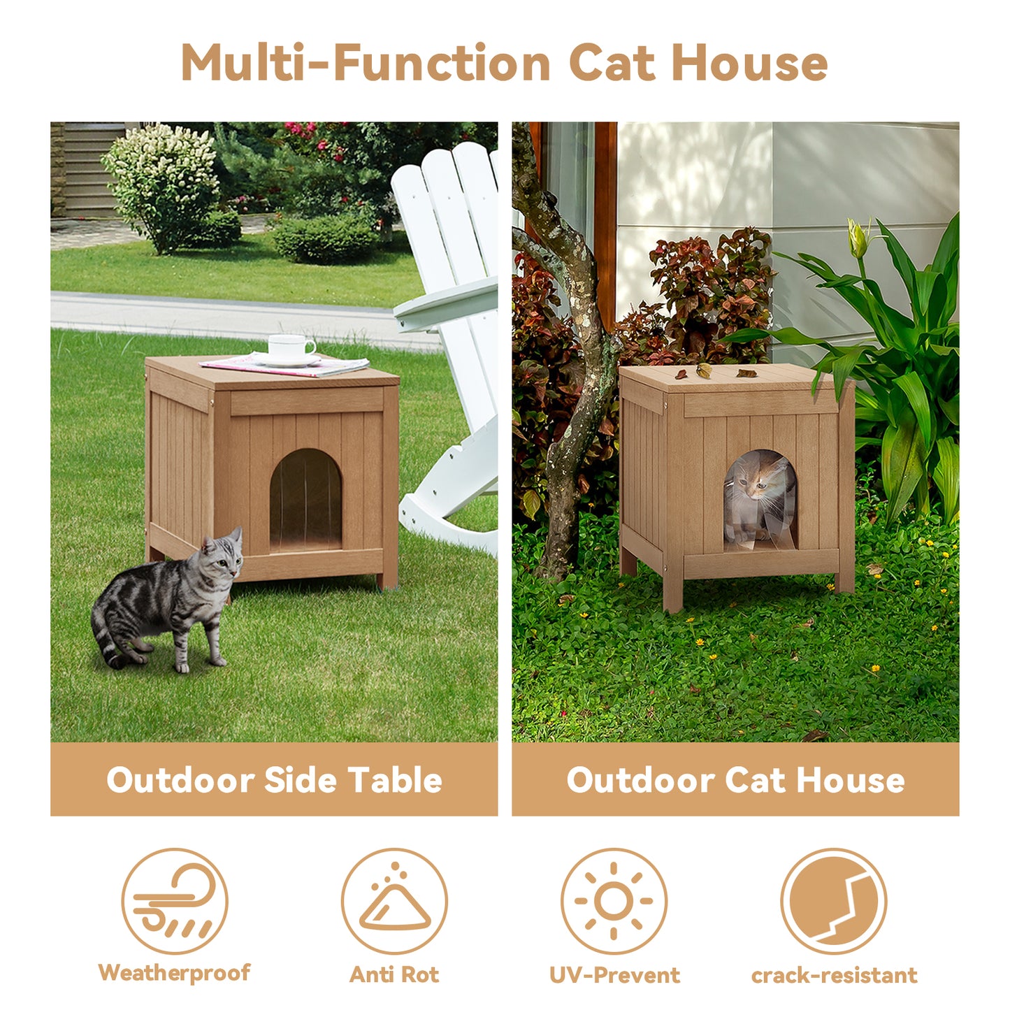 Psilvam Cat House with Side Table Function, Weatherproof Poly Lumber Outdoor Cat Shelter