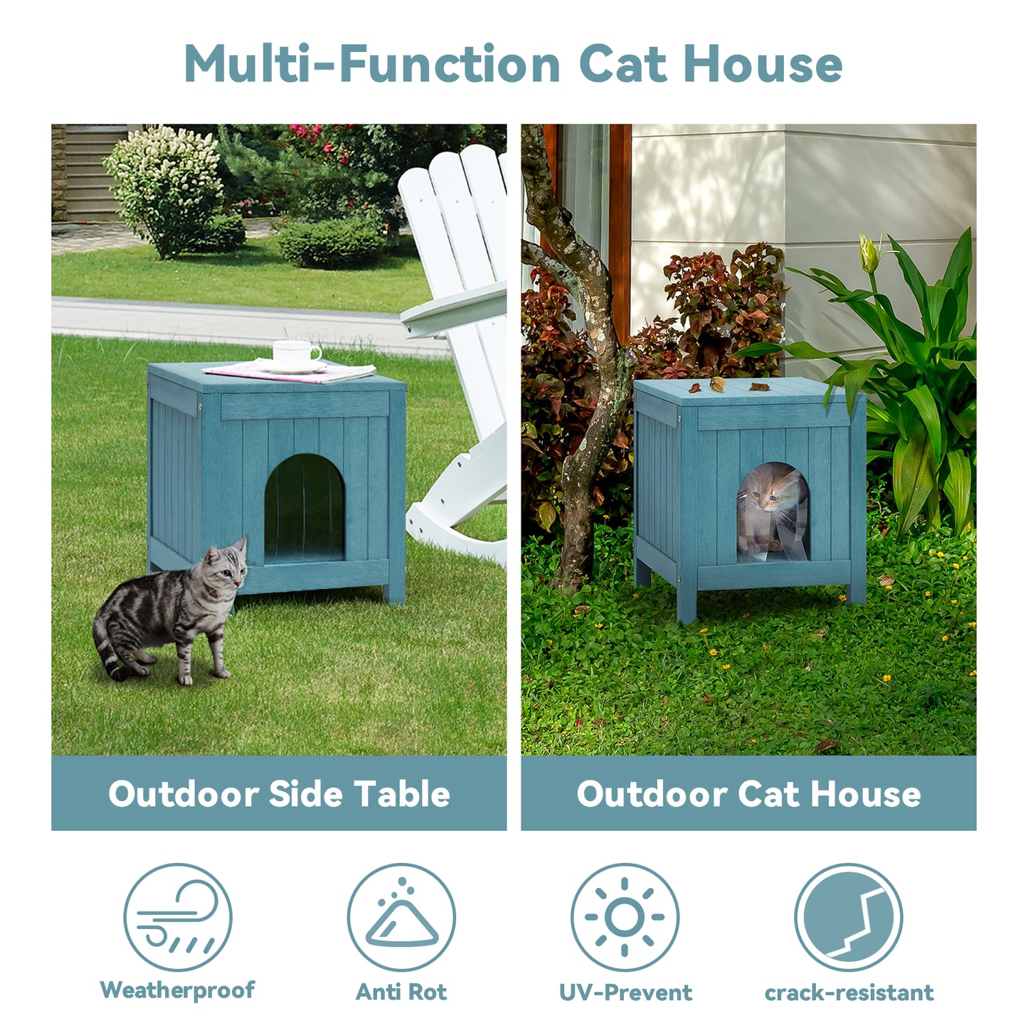 Psilvam Cat House with Side Table Function, Weatherproof Poly Lumber Outdoor Cat Shelter