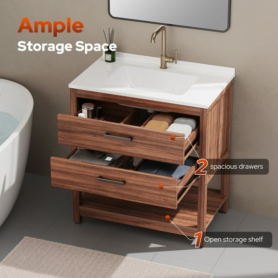 Psilvam 30“ Bathroom Vanity with Sink, Waterproof Poly Lumber Storage Cabinet with Drawers and Open Shelf, Adjustable Legs,