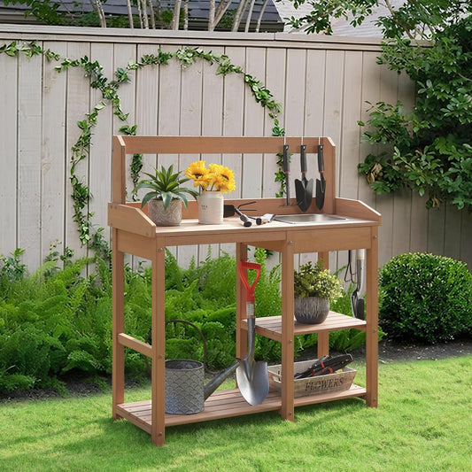 Psilvam Potting Bench, Poly Lumber Potting Table with Removable Stainless Steel Sink and Open Shelves