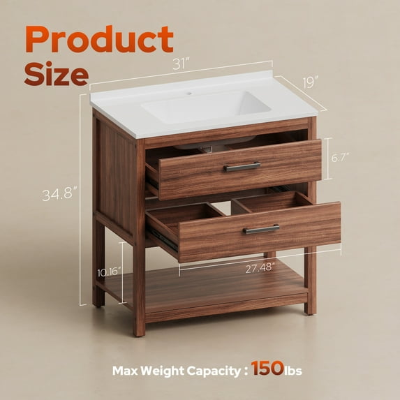 Psilvam 30“ Bathroom Vanity with Sink, Waterproof Poly Lumber Storage Cabinet with Drawers and Open Shelf, Adjustable Legs,