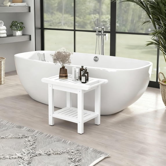 Kaleemen Shower Bench for Inside Shower with Handles, Waterproof Shower Stool with Storage Shelf & Anti-Slip Feet