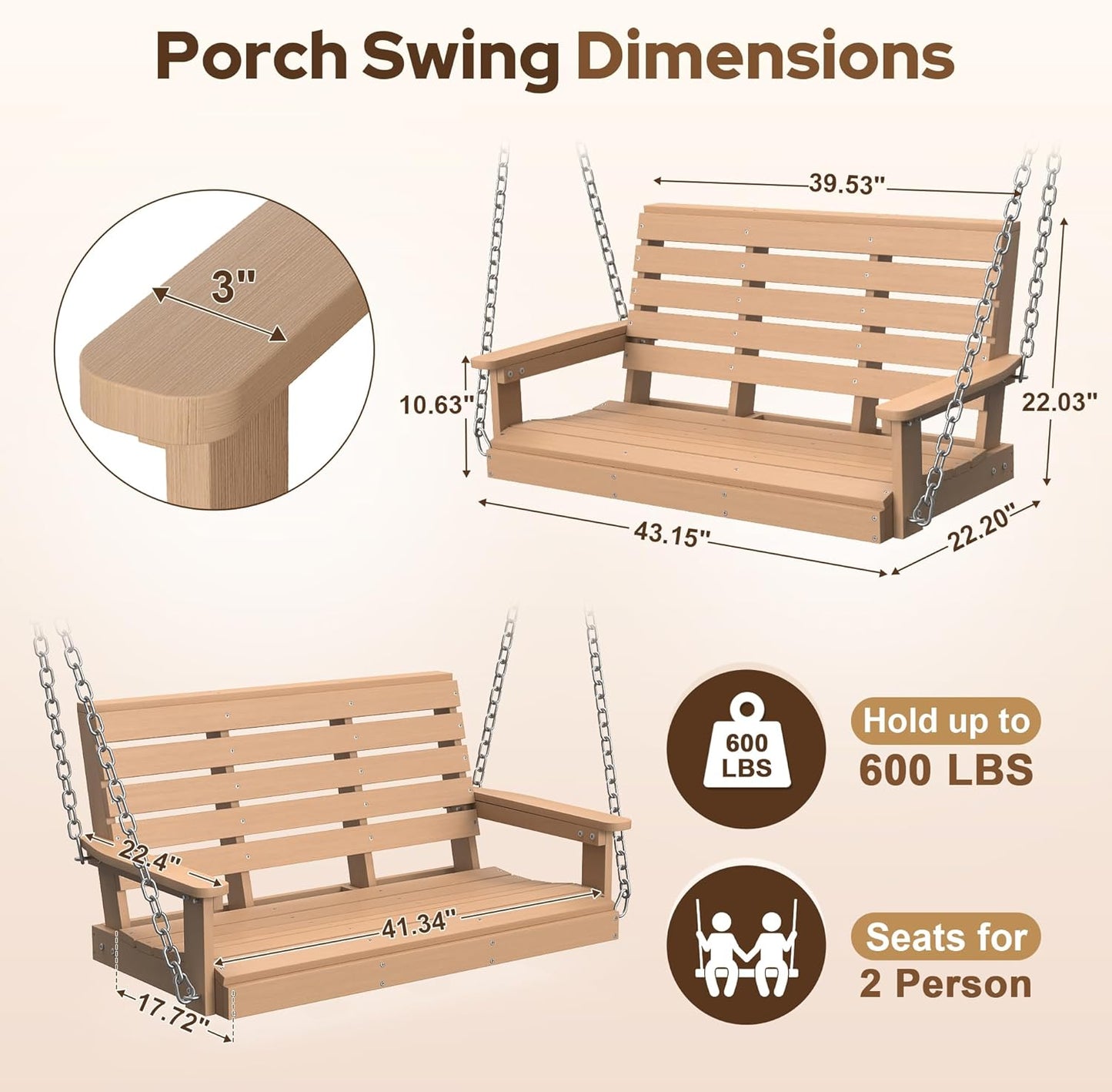 Kaleemen Porch Swing Poly Lumber Outdoor Hanging Swing Chair