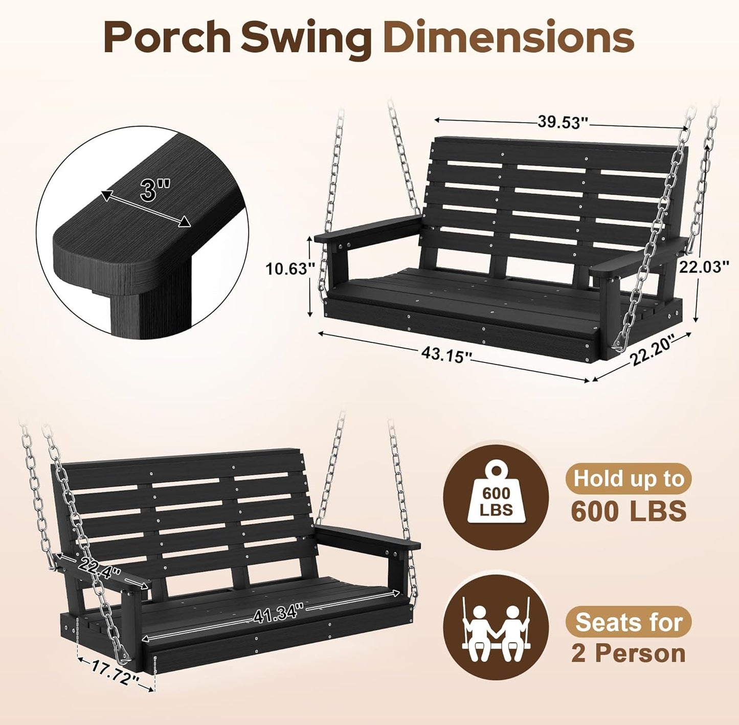 Kaleemen Porch Swing Poly Lumber Outdoor Hanging Swing Chair