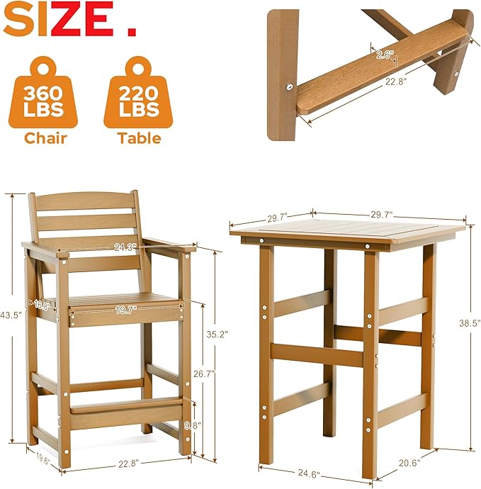 kaleemen 3 Piece Patio Bar Set, All Weather HDPE Tall Adirondack Chairs Set of 2 and Bar Table