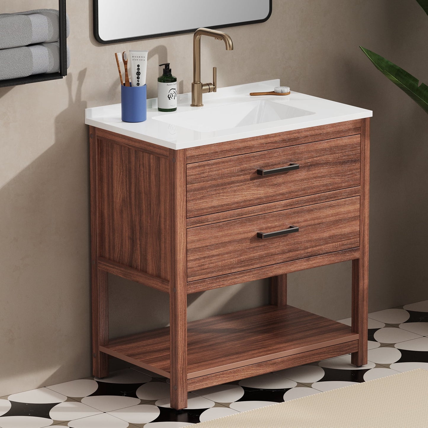 Psilvam 30“ Bathroom Vanity with Sink, Waterproof Poly Lumber Storage Cabinet with Drawers and Open Shelf, Adjustable Legs,