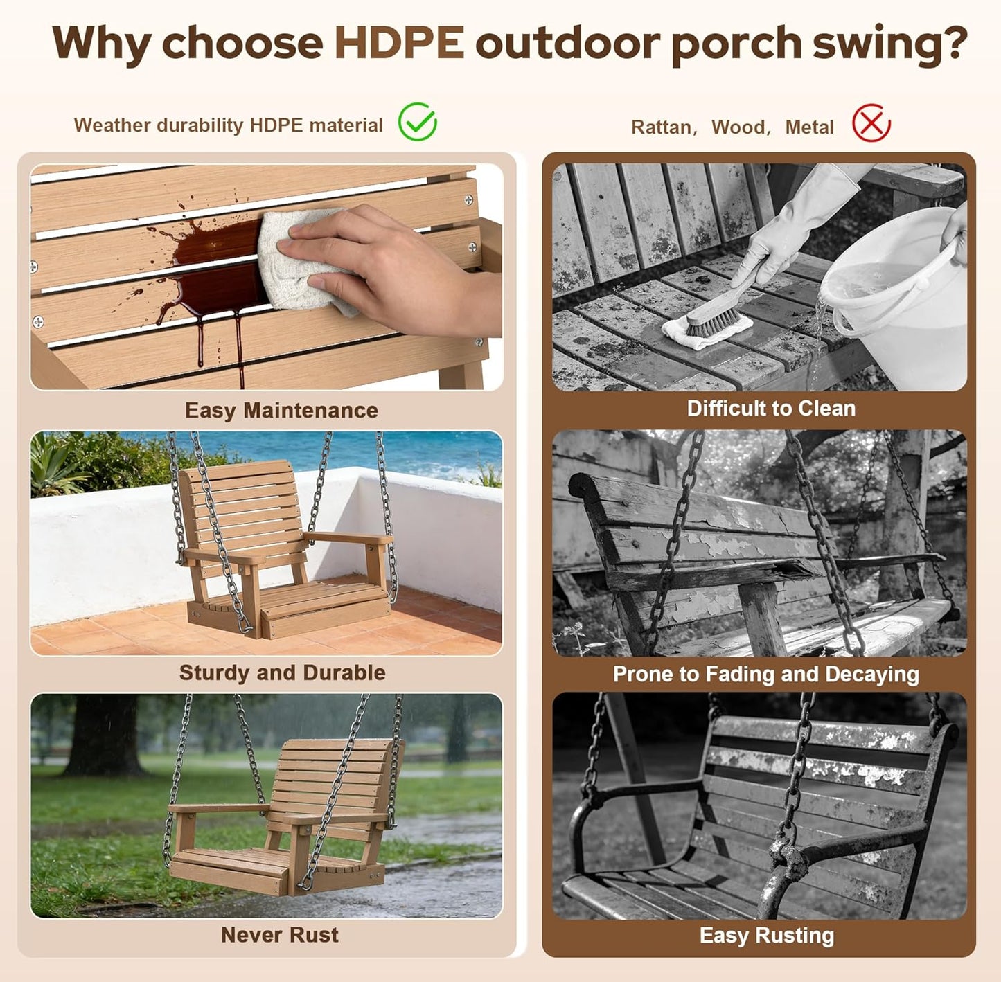 Kaleemen Porch Swing Poly Lumber Outdoor Hanging Swing Chair