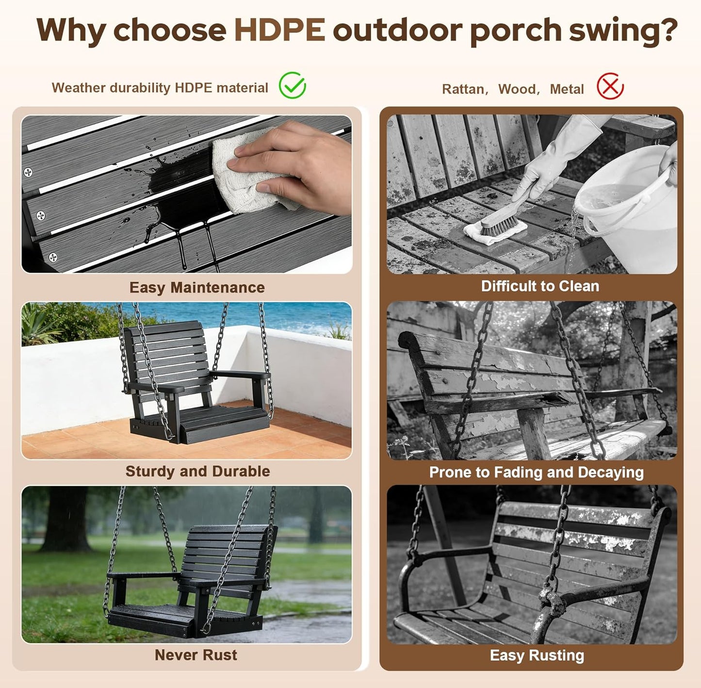 Kaleemen Porch Swing Poly Lumber Outdoor Hanging Swing Chair