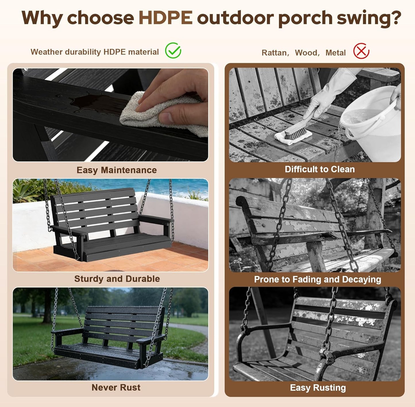 Kaleemen Porch Swing Poly Lumber Outdoor Hanging Swing Chair
