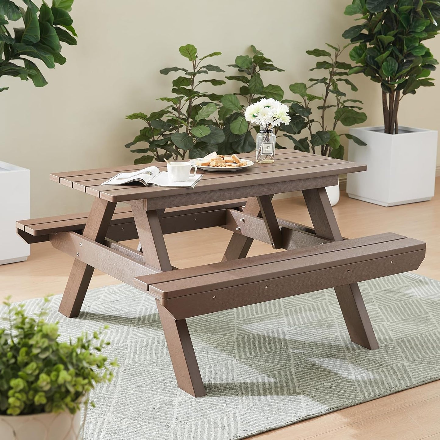 Psilvam All-in-One Outdoor Table and Chairs Teak Color