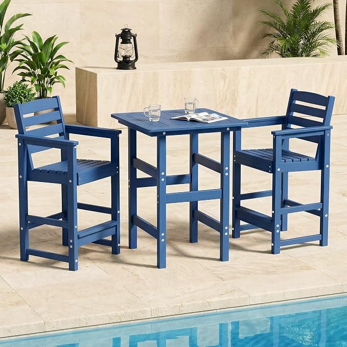 kaleemen 3 Piece Patio Bar Set, All Weather HDPE Tall Adirondack Chairs Set of 2 and Bar Table