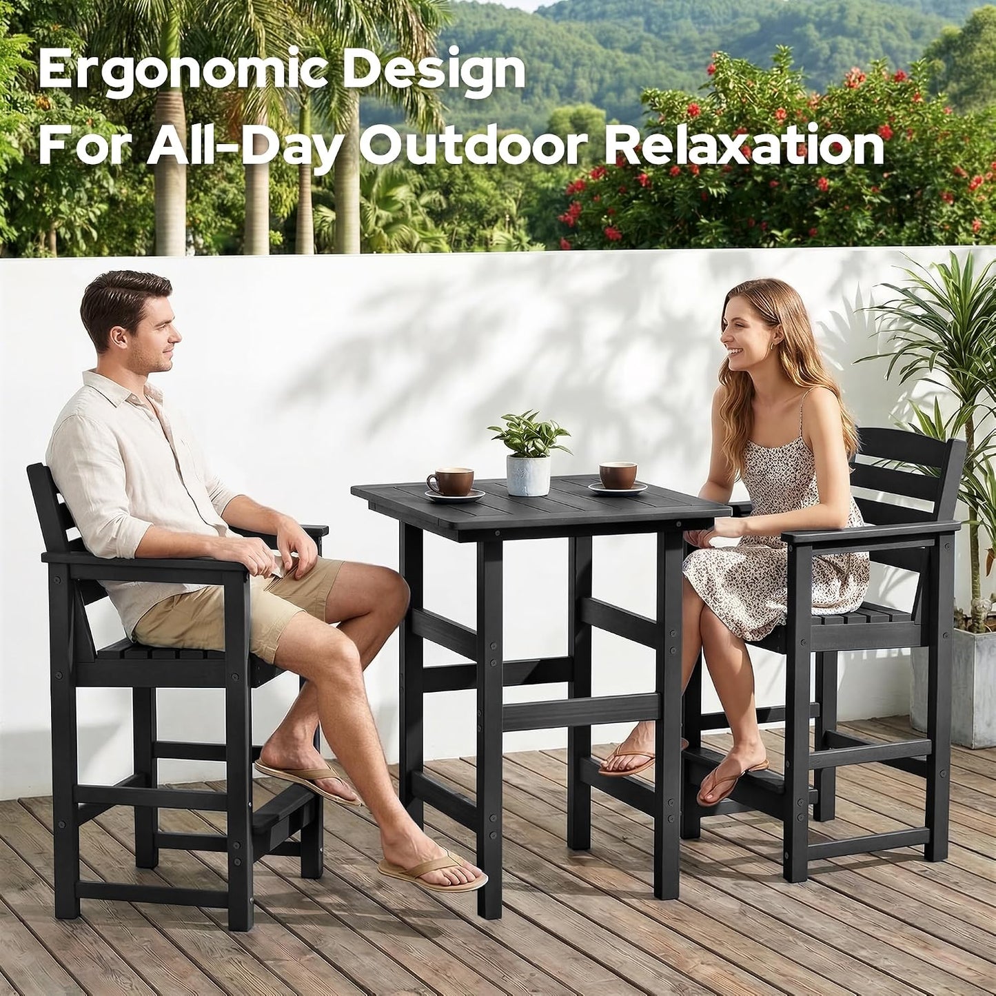 kaleemen 3 Piece Patio Bar Set, All Weather HDPE Tall Adirondack Chairs Set of 2 and Bar Table