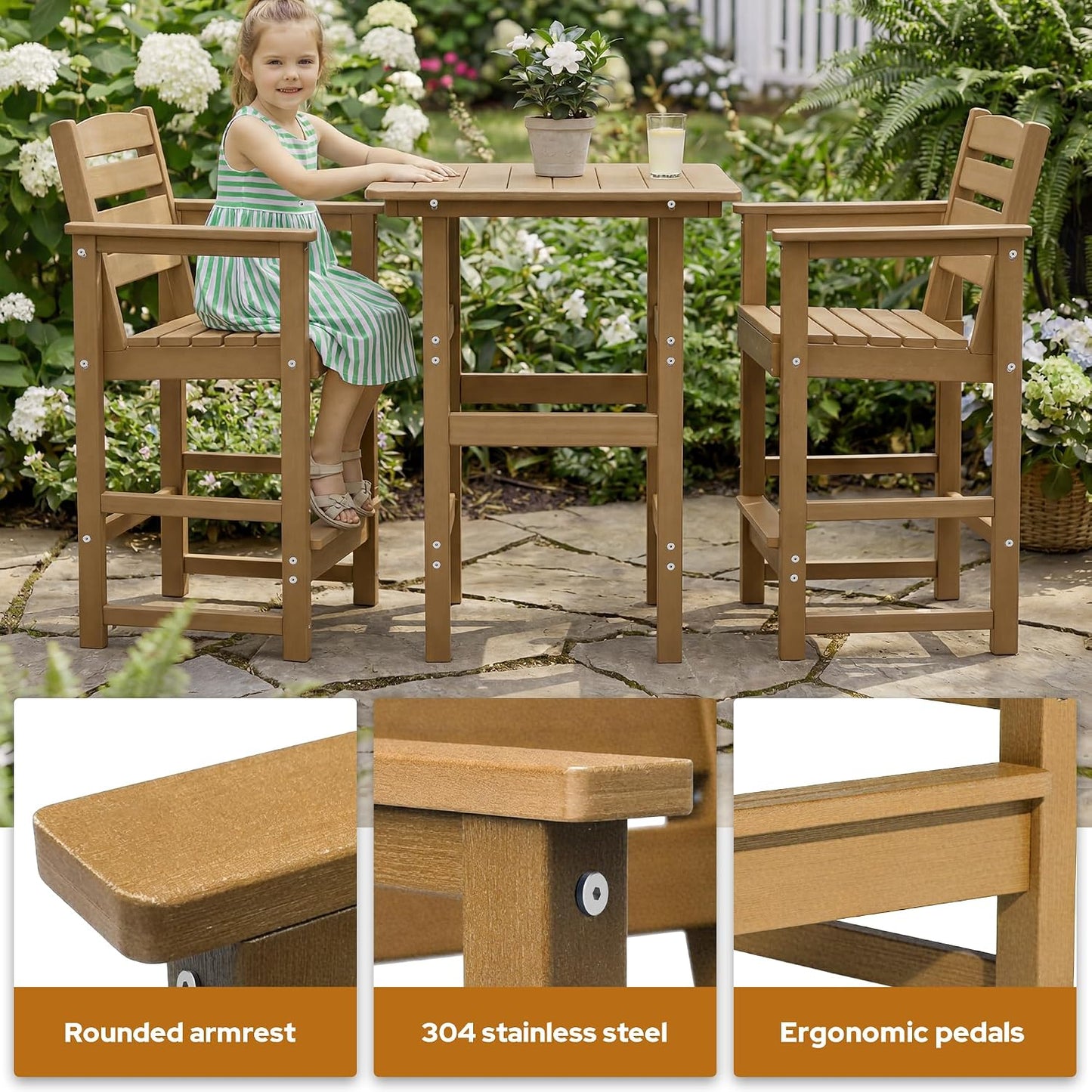 kaleemen 3 Piece Patio Bar Set, All Weather HDPE Tall Adirondack Chairs Set of 2 and Bar Table
