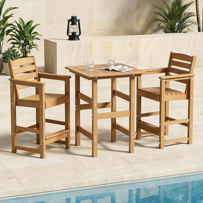 kaleemen 3 Piece Patio Bar Set, All Weather HDPE Tall Adirondack Chairs Set of 2 and Bar Table
