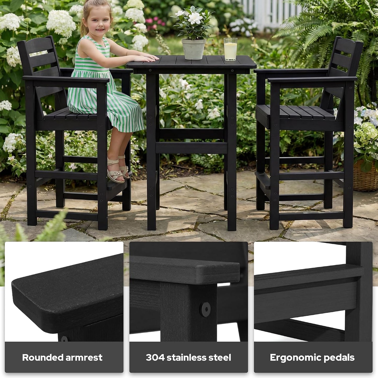 kaleemen 3 Piece Patio Bar Set, All Weather HDPE Tall Adirondack Chairs Set of 2 and Bar Table