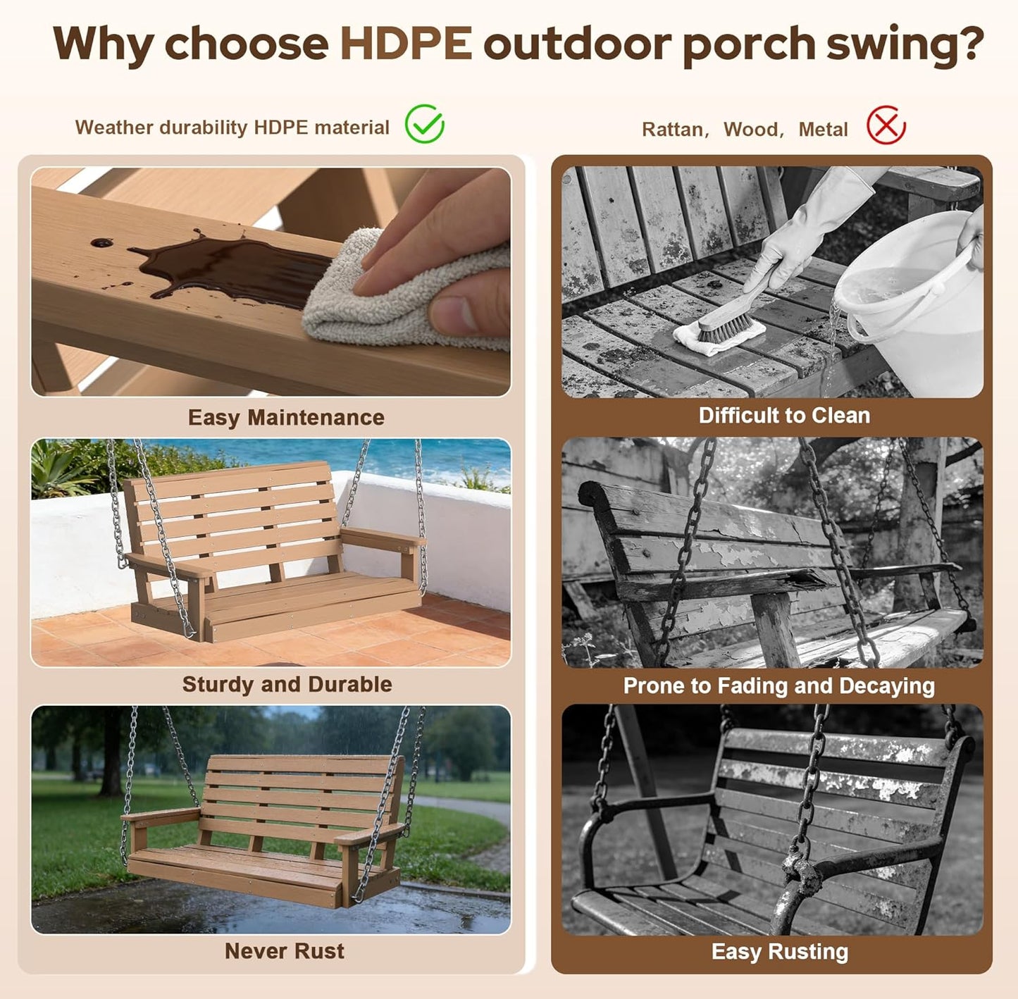 Kaleemen Porch Swing Poly Lumber Outdoor Hanging Swing Chair