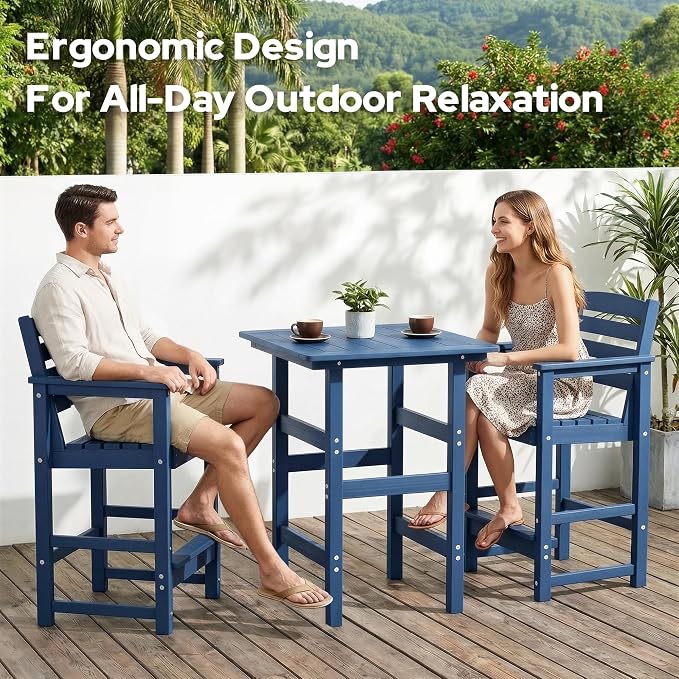 kaleemen 3 Piece Patio Bar Set, All Weather HDPE Tall Adirondack Chairs Set of 2 and Bar Table