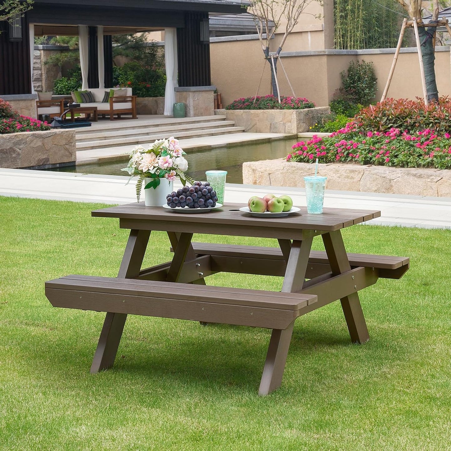 Psilvam All-in-One Outdoor Table and Chairs Teak Color