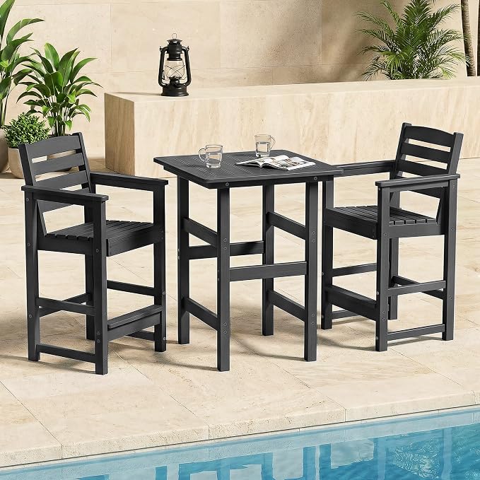 kaleemen 3 Piece Patio Bar Set, All Weather HDPE Tall Adirondack Chairs Set of 2 and Bar Table