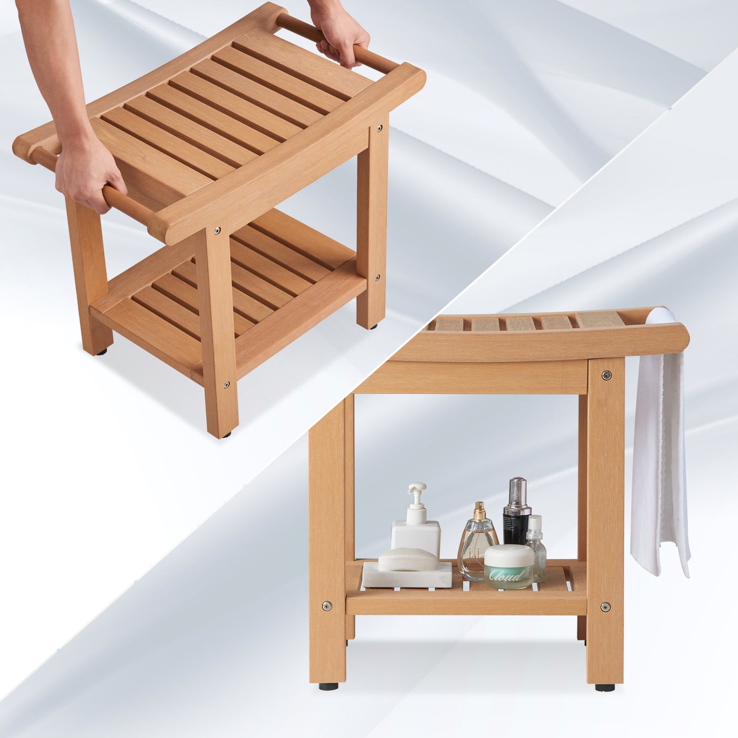 Kaleemen Shower Bench for Inside Shower with Handles, Waterproof Shower Stool with Storage Shelf & Anti-Slip Feet