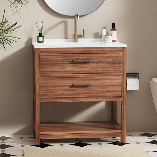 GONICHA 30“ Bathroom Vanity with Sink, Waterproof Poly Lumber Storage Cabinet with Drawers and Open Shelf, Adjustable Legs,