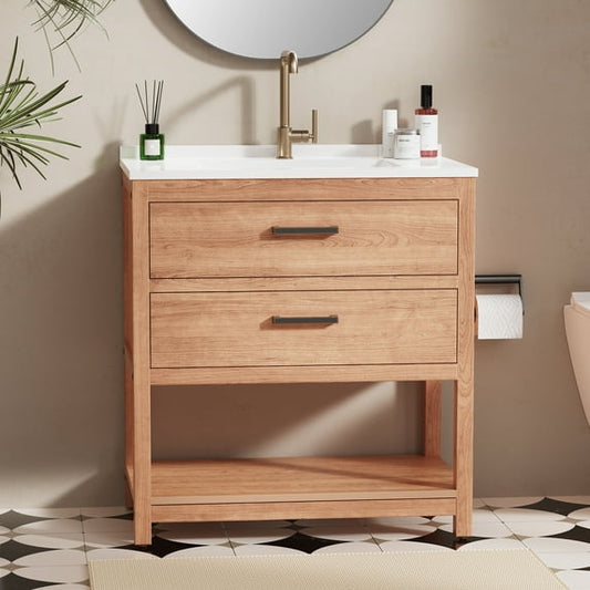 GONICHA 30“ Bathroom Vanity with Sink, Waterproof Poly Lumber Storage Cabinet with Drawers and Open Shelf, Adjustable Legs,