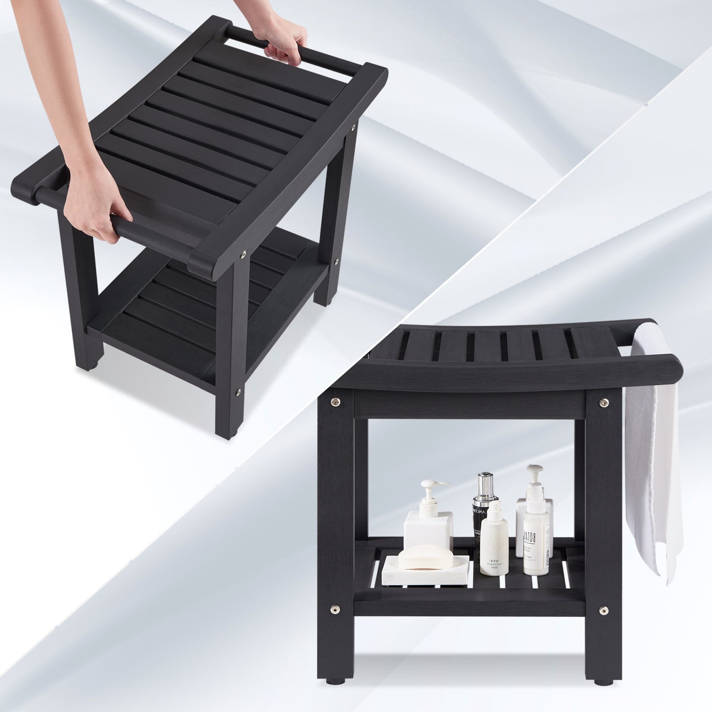 Kaleemen Shower Bench for Inside Shower with Handles, Waterproof Shower Stool with Storage Shelf & Anti-Slip Feet