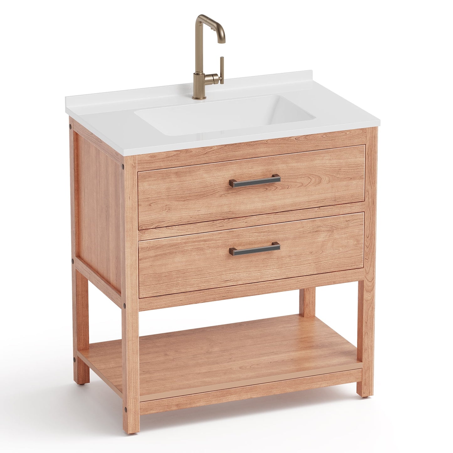 Psilvam 30“ Bathroom Vanity with Sink, Waterproof Poly Lumber Storage Cabinet with Drawers and Open Shelf, Adjustable Legs,