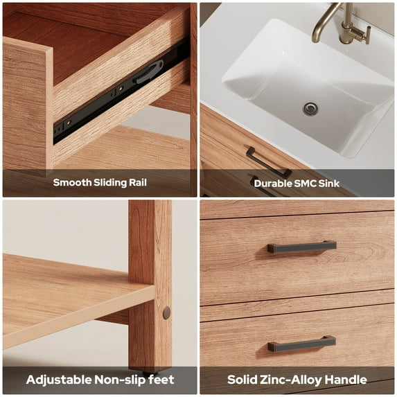 Psilvam 30“ Bathroom Vanity with Sink, Waterproof Poly Lumber Storage Cabinet with Drawers and Open Shelf, Adjustable Legs,