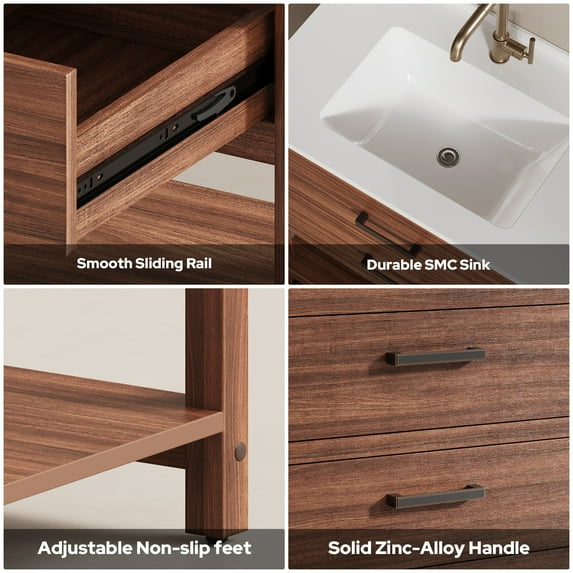 Psilvam 30“ Bathroom Vanity with Sink, Waterproof Poly Lumber Storage Cabinet with Drawers and Open Shelf, Adjustable Legs,