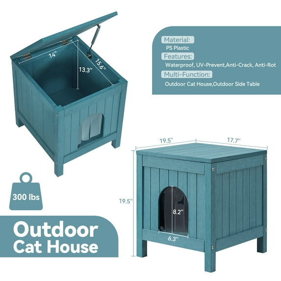 GONICHA Insulated Cat House, Weatherproof Poly Lumber Outdoor Cat House, Moisture-Proof Elevated Cat Shelter with Side Table Function