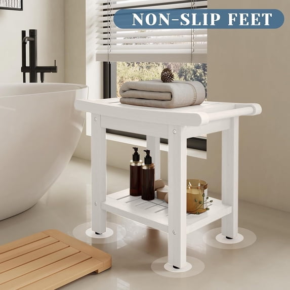 Kaleemen Shower Bench for Inside Shower with Handles, Waterproof Shower Stool with Storage Shelf & Anti-Slip Feet
