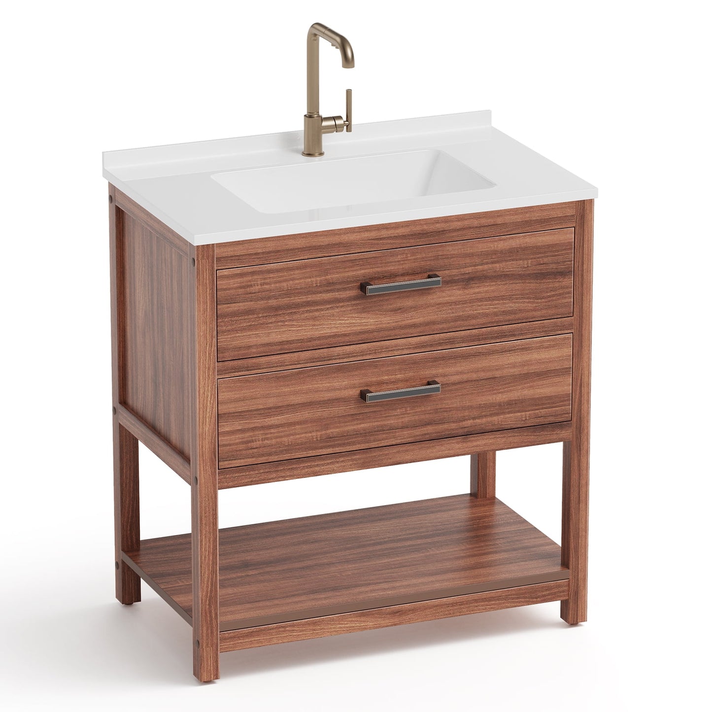 Psilvam 30“ Bathroom Vanity with Sink, Waterproof Poly Lumber Storage Cabinet with Drawers and Open Shelf, Adjustable Legs,